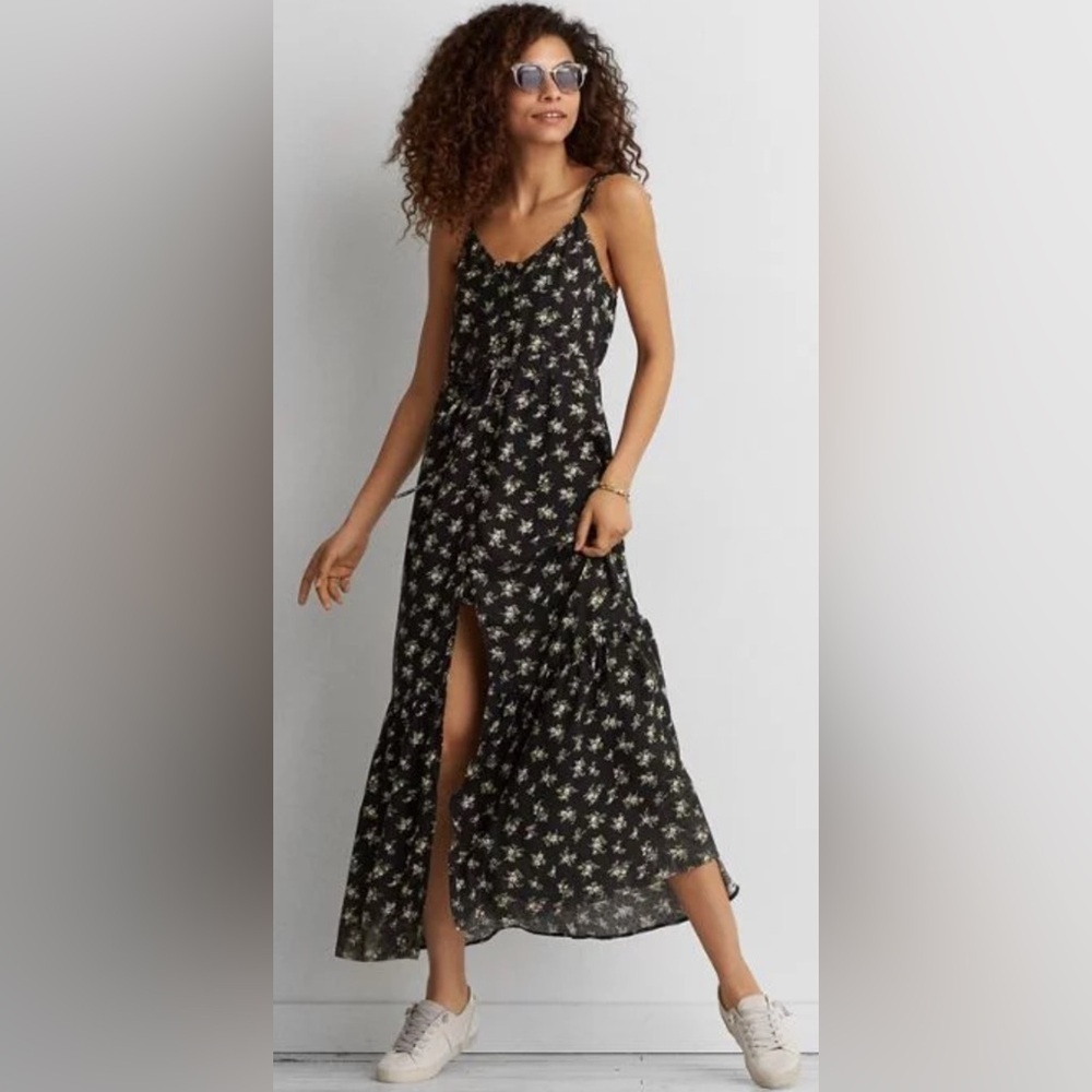 American Eagle Black Ditsy Floral Button Front Stretch Waist Maxi Dress Tie Back